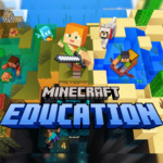 Illustration from Minecraft Education showing blocky characters exploring a colorful world—one character holds a sword on grassy land, another rows a boat in water, a wolf stands nearby, and other players mine underground—representing creativity, teamwork, and learning through gameplay.